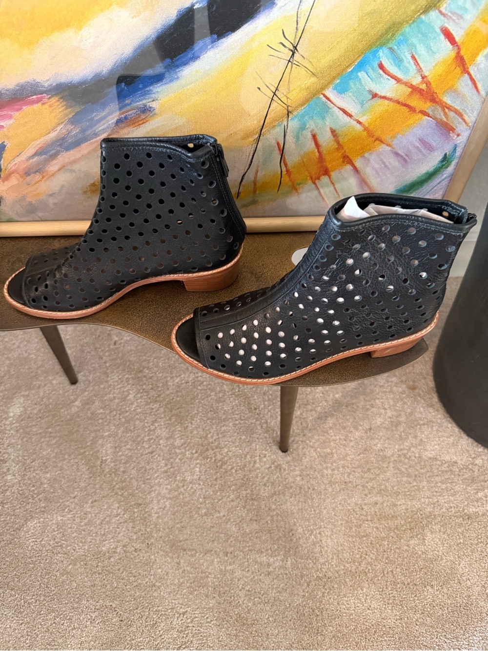 Loeffler Randall Black Perforated Peep-Toe Ankle Booties with Tan Sole